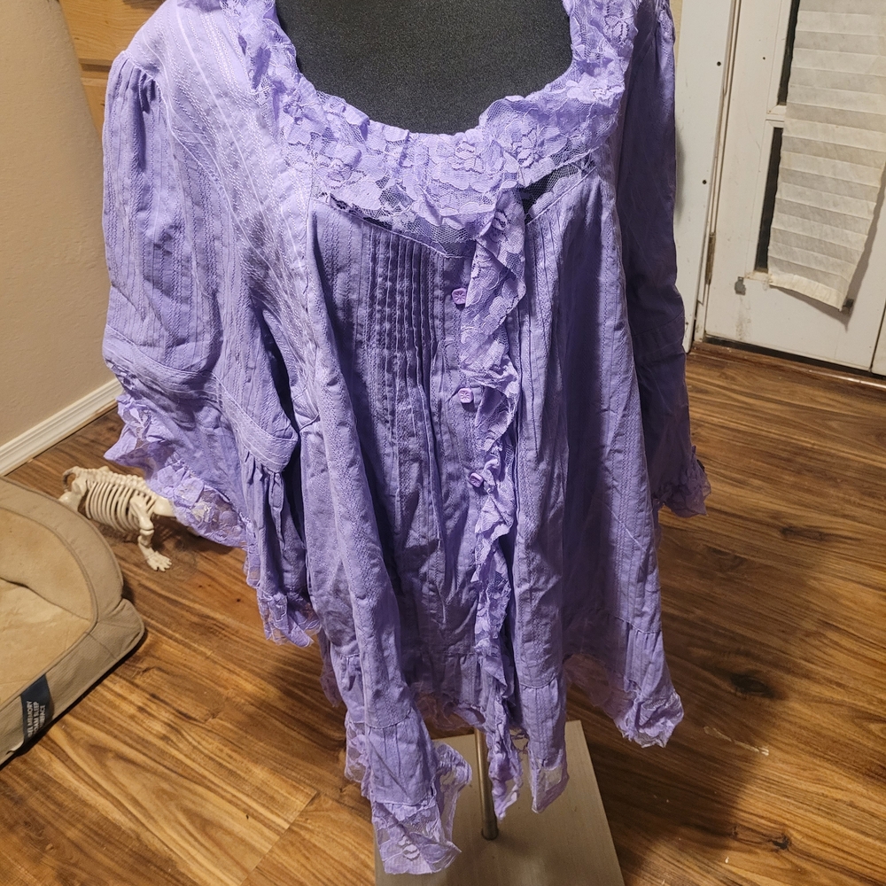 Roaman's Lavender Ruffle Button-Down Top - Picture 2 of 12